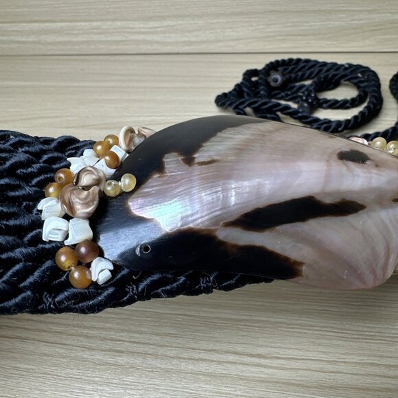 Vintage Statement Shell Braided Belt Womens Waist 80s 90s Boho Black Beaded - Picture 3 of 15